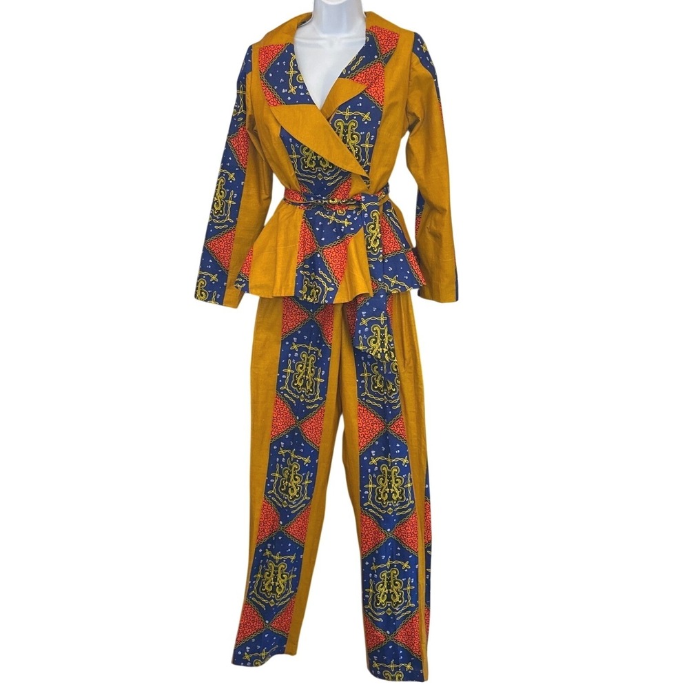 Handmade Ankara Print Two Piece Set Peplum Jacket Pants Bold Artisan Statement